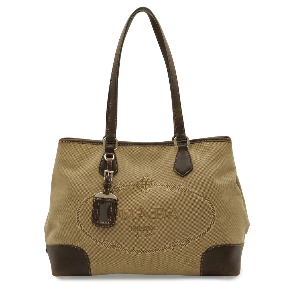 Prada jacquard tote bag shoulder Hobo Beige Brown Cream
